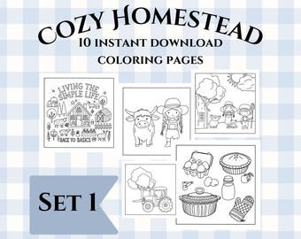 Cozy Homestead Coloring Pages, Set 1, Hand-drawn Farm life Illustrations (Digital Download)