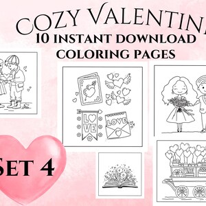 10 Cozy Valentine Coloring Pages, Set 4, Hand-drawn, Instant Download, Adult Coloring, Valentine Coloring Pages, Printable, Color Book