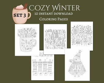 Cozy Winter Coloring Pages, Set 3, Hand-Drawn Scandi Hygge Designs (Instant Download) Printable