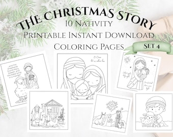 10 Christmas Story Coloring Pages, Set 4 Instant Download, The Nativity, Kids and adult coloring pages, Print at home, Hand-drawn pictures