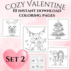 10 Cozy Valentine Coloring Pages, Set 2, Hand-drawn, Instant Download, Adult Coloring, Valentine Coloring Pages, Printable, Color Book