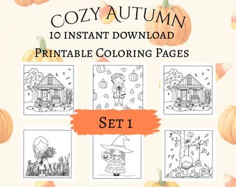 10 Cozy Autumn Halloween Coloring Pages, Hand-Drawn Illustrations (PDF Pattern)