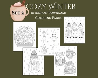 Cozy Winter Coloring Pages, Hand-Drawn Scandi Hygge Set 2 (Instant Download)Printable