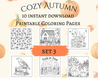 Autumn Halloween Coloring Pages, Hand-Drawn Illustrations (Digital Download)