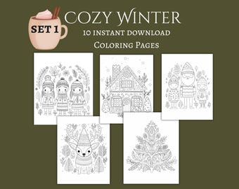 10 Cozy Winter Coloring Pages, Set 1, Hand-drawn, Instant Download, Adult Coloring, Relaxing, Scandi, Hygge, Christmas Coloring Pages