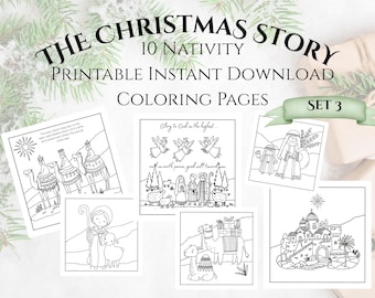 10 Christmas Story Coloring Pages, Set 3 Instant Download, The Nativity, Kids and adult coloring pages, Print at home, Hand-drawn pictures