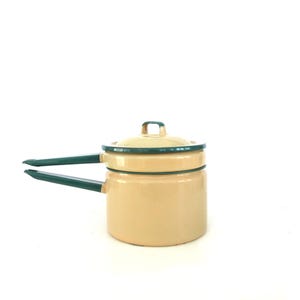 Vintage Enamel Double Steamer Pot, Kockums Handled Strainer Colander, Cream Teal Green Enamelware