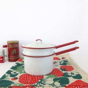 Vintage White Enamel Double Boiler, Red Trim, Small Pan Set with Lid