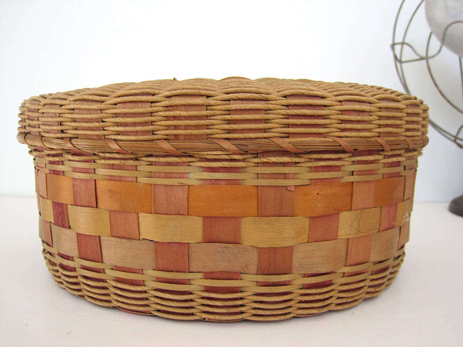 Vintage Woven Basket With Lid Large Round Sewing Craft Storage - Etsy