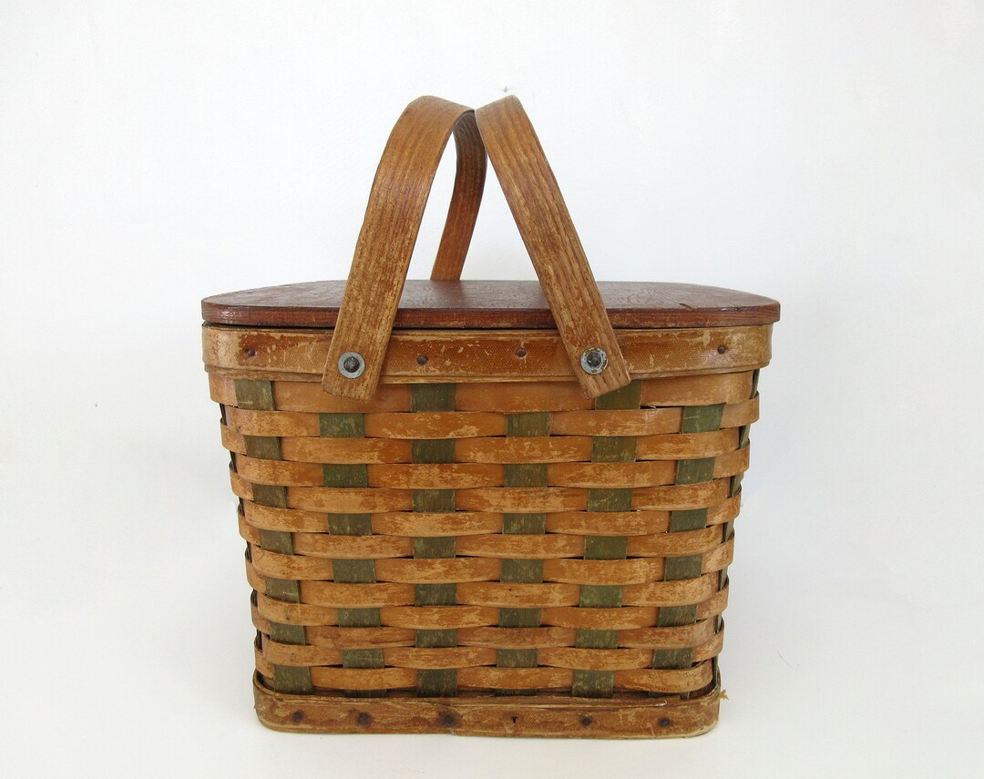 Vintage Wooden Square Picnic Basket Rustic Wood Lid Bentwood Handles