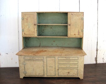 Antique Metal Toy Metal Hoosier Cupboard Wolverine Doll Play Kitchen Cabinet Hutch Rustic Patina Cream Green