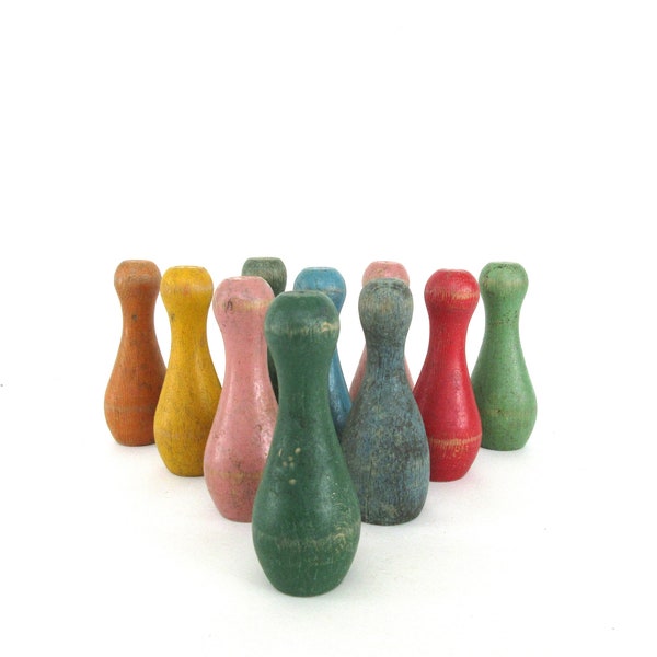 Vintage Wooden Bowling Pin Game, 10 Wood Skittles, Ten Pins, Small Tabletop or Floor Toy, Multi Color Patina