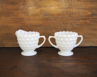 Vintage Creamer and Sugar Bowl Set White Bubble Milk Glass Fire King Anchor Hocking Mid Century Minimalist