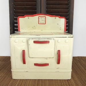 Mid Century Metal Toy Kitchen Stove Oven Wolverine Range Doll Play Rustic Patina Cream Red