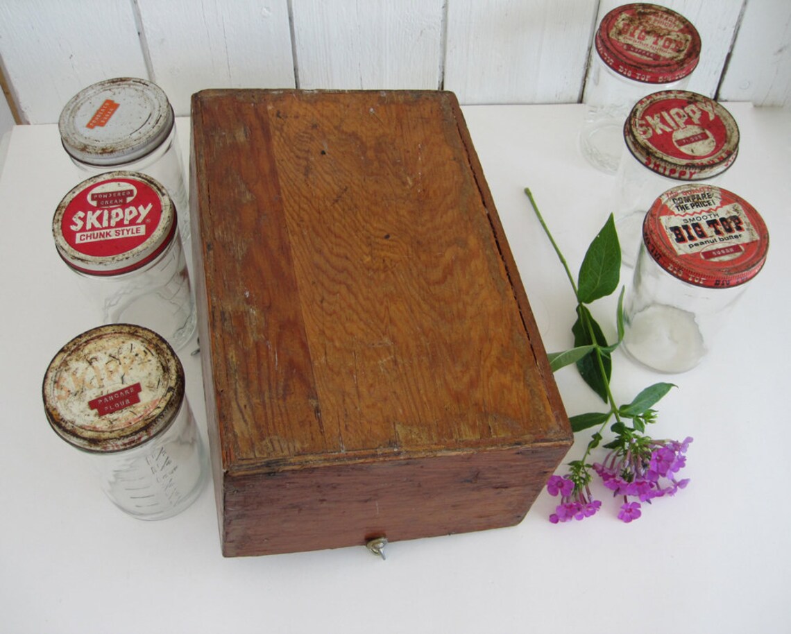 Vintage Wood Tote Box With Glass Peanut Butter Jars Big Top Etsy