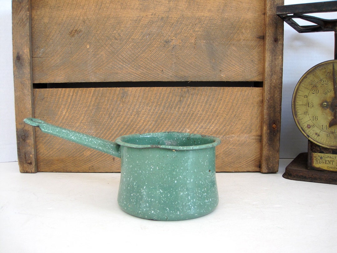 Vintage Enamel Pan With Two Pour Spouts Dipper Green Specked