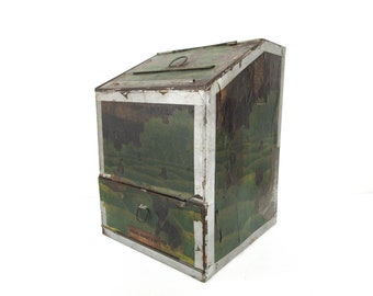 Antique Green Tea Tin Bin, Countertop General Store Bin, Japanese Graphics, Large Advertising Mercantile Sprague Warner