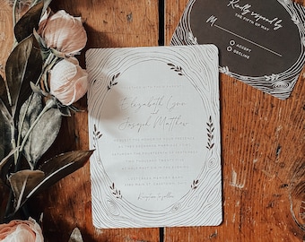 Elegant Woods Tree Wedding Invitations. Printed Rustic Wood Grain Stationery
