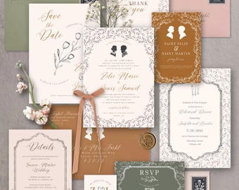 Catholic Wedding Invitations featuring Saint Zelie and Saint Louis Martin Silhouettes