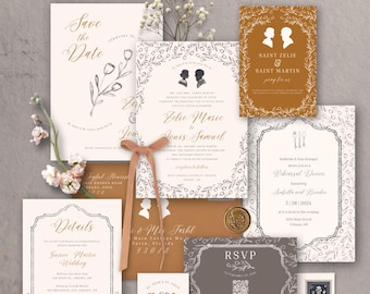 Catholic Wedding Invitation Suite. Saint Zelie and Daint Louis Martin Tulip Printed Wedding Stationery
