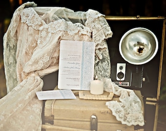Rustic Lace Wedding Invitations | Chic Antique Blue Linen Suite