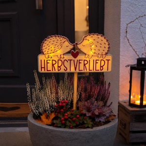 May include: A gray stone planter filled with purple and white heather, green foliage, and red berries. A wooden sign with two illustrated hedgehogs, a red heart, and the text "HERBSTVERLIEBT" is inserted into the center, featuring integrated warm LED lights.