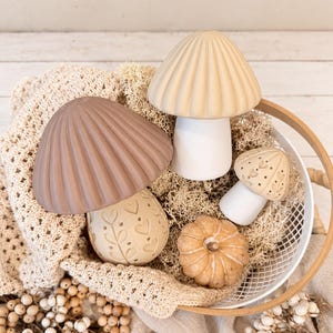 May include: A collection of three decorative mushroom figurines and a small pumpkin in a white wire basket. The mushrooms feature ribbed caps in tan and brown, with white stems decorated with heart and leaf cutouts. A candle and wooden beads are nearby.