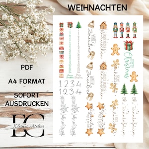 Può includere: Un foglio PDF stampabile in formato A4 con adesivi a tema natalizio. Include scatole regalo, alberi di Natale, omini di pan di zenzero, schiaccianoci e i testi "WEIHNACHTEN", "Winter Zauber" e "Merry Christmas". Pronto per la stampa.