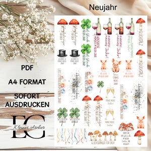 May include: A sheet of printable stickers with a New Year's theme. The stickers feature illustrations of mushrooms, champagne glasses, pigs, and wine bottles. Text includes "Neujahr", "Frohes Neues Jahr!", and "Glücksbringer".