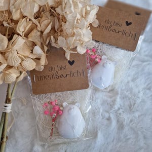 Könnte beinhalten: Weiße Bärenseifen-Gastgeschenke in transparenten Zellophanbeuteln, jeweils mit einem kleinen Strauß rosa Blumen und einem Kraftpapieranhänger mit der Aufschrift "du bist unentbehrlich!". Ein Strauß getrockneter beiger Blumen befindet sich im Hintergrund.