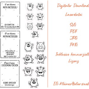 May include: Digital download featuring black and white illustrations of friendly monster characters. Includes text in German, along with SVG, PDF, JPG, and PNG file formats. The design includes a commercial license.