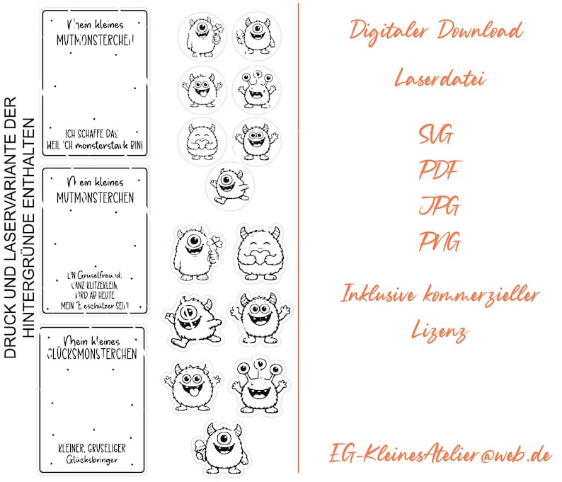 May include: Digital download featuring black and white illustrations of friendly monster characters. Includes text in German, along with SVG, PDF, JPG, and PNG file formats. The design includes a commercial license.