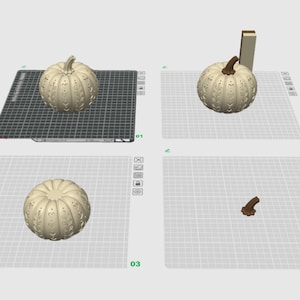 May include: A digital 3D model of a cream-coloured pumpkin featuring intricate carved leaf and heart patterns. The pumpkin is shown in four views, including a separate brown stem component and a view with a vertical rectangular measurement guide.