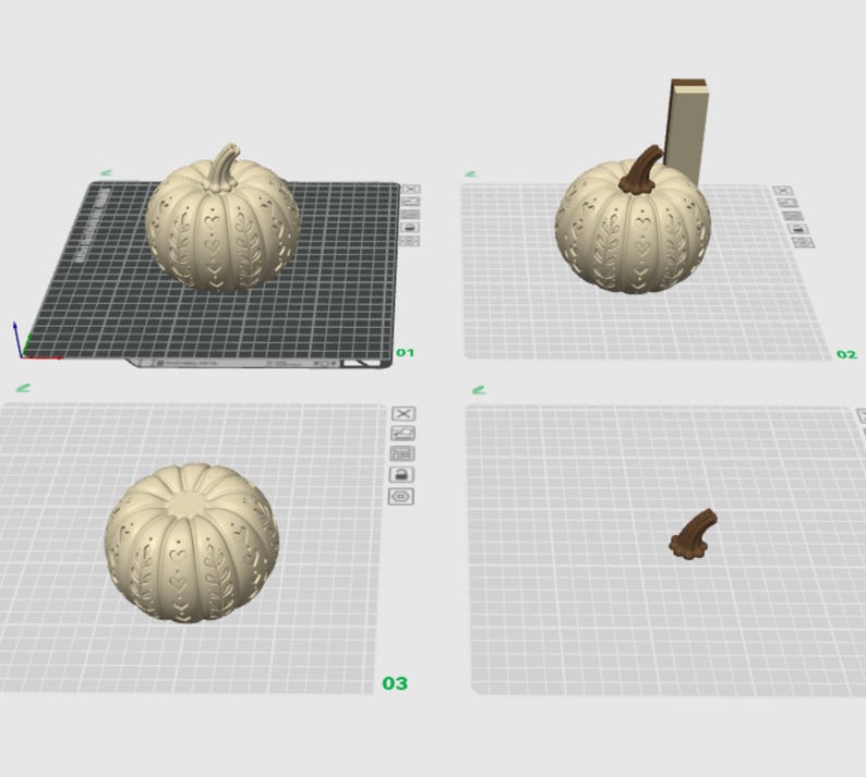 May include: A digital 3D model of a cream-coloured pumpkin featuring intricate carved leaf and heart patterns. The pumpkin is shown in four views, including a separate brown stem component and a view with a vertical rectangular measurement guide.