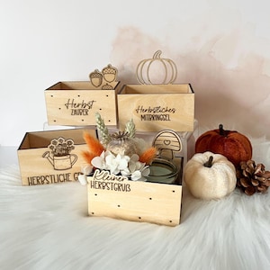 Può includere: Quattro scatole rettangolari in legno chiaro con disegni tagliati al laser. Le scatole presentano testi come Herbst Zauber, Herbstliches Mitbringsel, Herbstliche Grüsse e Kleiner Herbstgrub, insieme a icone di ghiande, una zucca, un annaffiatoio e un fungo.