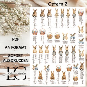 May include: A sheet of Easter-themed stickers with watercolor illustrations of bunnies, Easter baskets, and eggs. Text includes "Frohe Ostern" and "Kuschelige Osterzeit". The sheet is labeled "PDF" and "A4 FORMAT".
