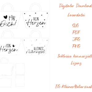 May include: A digital file set featuring four black and white line art designs of tote bags with German text including F&Uuml;R DICH, VON HERZEN, and KLEINES MITBRINGSEL, alongside SVG, PDF, JPG, and PNG file format labels and an email address.