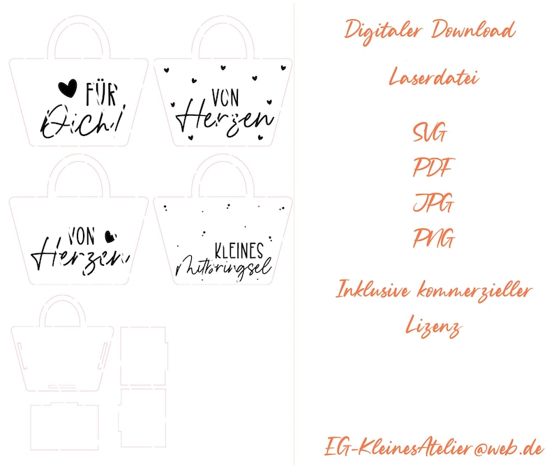 May include: A digital file set featuring four black and white line art designs of tote bags with German text including F&Uuml;R DICH, VON HERZEN, and KLEINES MITBRINGSEL, alongside SVG, PDF, JPG, and PNG file format labels and an email address.