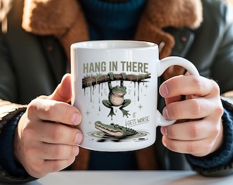 Hang In There Ceramic Mug – Frog & Alligator Graphic, Coffee Lover Gift