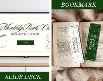 Kit per il club del libro: invito a tema verde, menu, segnalibro (modello Canva)