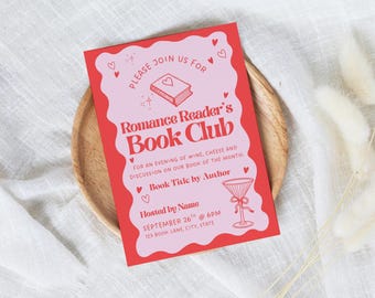 Modello di invito per un club del libro romantico: design Coquette rosa e rosso (download digitale Canva)