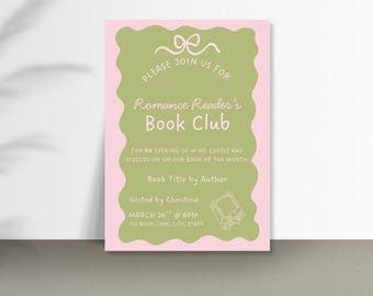 Modello di invito per un club del libro romantico: design Coquette rosa e verde (download digitale Canva)