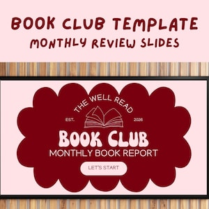 Peut inclure: Modèle de présentation encadré pour un club de lecture, avec un design en forme de nuage bordeaux. Le texte comprend "BOOK CLUB" et "MONTHLY BOOK REPORT". On peut également lire "THE WELL READ" et "EST. 2026".