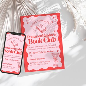 May include: A smartphone and a pink and red invitation for a "Romance Reader's Book Club" event. The invitation includes text, a book graphic, and a cocktail glass illustration. The phone screen displays the same invitation design.