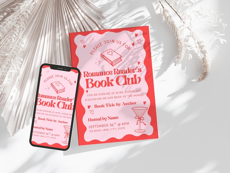 May include: A smartphone and a pink and red invitation for a "Romance Reader's Book Club" event. The invitation includes text, a book graphic, and a cocktail glass illustration. The phone screen displays the same invitation design.
