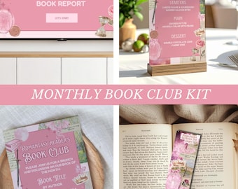 Kit mensile per il Fantasy Book Club: invito modificabile, menu, segnalibro, tema rosa romantico (modello Canva)