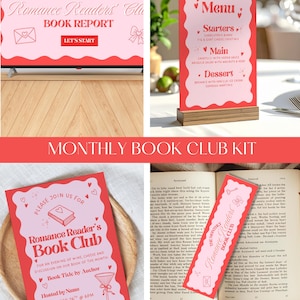 May include: A collection of pink and red book club themed items. Includes a TV screen with text, a menu, an invitation, and a bookmark. The items feature the text "Romance Readers' Club" and decorative hearts.