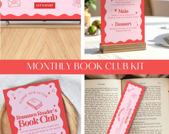 Book Club Kit: Editable Invitation, Menu, Bookmark Romance Theme (Canva Template)
