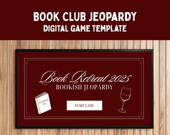 Modello di gioco Jeopardy per club del libro: presentazione modificabile su Canva (download digitale), modello minimalista per il gioco Jeopardy color bordeaux, giochi di libri