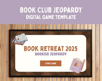 Modello di gioco Jeopardy per club del libro: presentazione modificabile su Canva (download digitale), modello di gioco Jeopardy a quadri marroni Bookish, giochi di libri